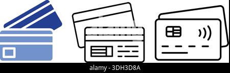 Icone delle carte di credito e debito, incluso il simbolo di pagamento contactless. Illustrazione Vettoriale