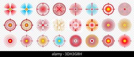 Dolore puntiforme nei muscoli, denti, gola, articolazione, testa o stomaco. Set di marcatori di infiammazione. Cerchiare l'area dolorosa con il bersaglio rosso e blu. Icone di spasmo acuto muscolare, punto dolorante. Segni di localizzazione del mal Illustrazione Vettoriale