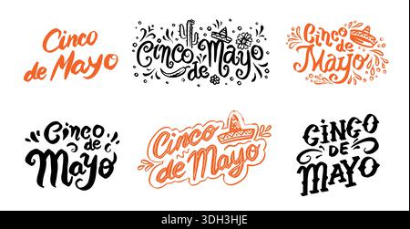 Cinco de Mayo Lettering per la festa nazionale messicana. Design per biglietti, poster e striscioni. Il pennello disegnato a mano ha fatto frasi con cactus e. Illustrazione Vettoriale