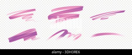 Set di pennarelli rosa e tratti di pennello. Evidenziazioni, sottolineature ed elementi di schizzo della penna. Perfetto per appunti, promemoria. Illustrazione Vettoriale