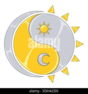 Simbolo Yin Yang che rappresenta la dualità del giorno e della notte con il sole e la luna. Concetto di equilibrio universale, cicli naturali e armonia cosmica in un Illustrazione Vettoriale