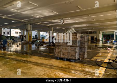 Nachikatsuura, Giappone - 27 ottobre 2023: I lavoratori gestiscono attrezzature e casse di legno con scritta giapponese all'interno di un mercato del pesce coperto, con orologio, pavimento bagnato e vari strumenti di mercato visibili. Foto Stock