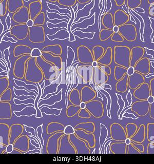 Motivo floreale senza cuciture con contorno botanico ispirato a Matisse Fiori organici su sfondo viola vivace. Texture contemporanea disegnata a mano. Il vettoriale Illustrazione Vettoriale