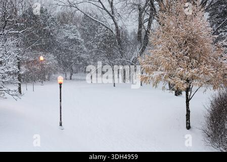 In inverno, il parco lineare del fiume Saint-Charles, visto dal ponte della Croce Rossa, durante una tempesta di neve (Quebec City, Québec, Canada) Foto Stock