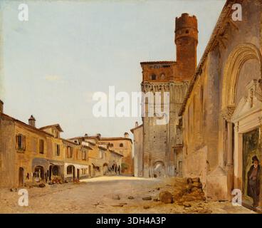 Chiesa di San salvi, Albi di Pierre Achille Poirot, 1830-40, raffigurante una piazza italiana medievale illuminata dal sole con la caratteristica torre in mattoni e la facciata romanica della chiesa Foto Stock