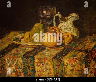 Natura morta con caraffa di frutta e vino di Adolphe Joseph Thomas Monticelli, 1874 anni, raffigurante pere d'oro e melograno disposti su tessuto a motivi geometrici con vasi in ceramica Foto Stock