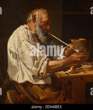 Old Man Lighting a Pipe di Johann Carl Loth, c. 1660, uno studio barocco tedesco sulla concentrazione di sforzi e dettagli tattili, con il viso e gli indumenti rustici della figura resi dai toni caldi della terra Foto Stock