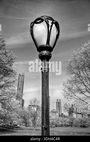 Un semaforo in ferro battuto si trova di fronte a uno dei prati di Central Park a New York. Foto Stock