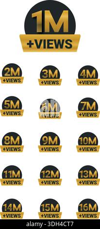Bundle Gold Social Media View Count Milestone Badge da 1 milione a 16 milioni di visualizzazioni Plus Illustrazione Vettoriale