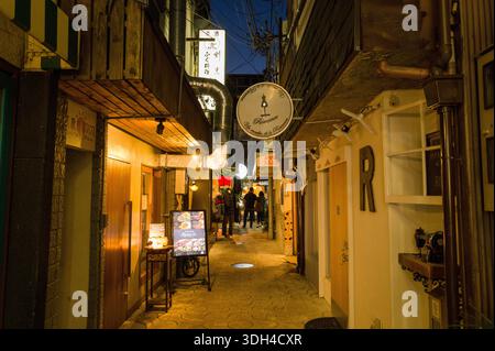 Kyoto, Giappone - 17 ottobre 2023: Di notte si vede uno stretto vicolo fiancheggiato da piccoli negozi e ristoranti, con cartelli illuminati e diverse persone a piedi. Foto Stock