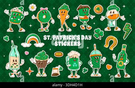 Il giorno di San Patrizio, i personaggi di Groovy Stickers. Vacanze primaverili, vacanze di San Patrizio personalizza adesivi vettoriali con ciambelle, cupcake e gelati, birra o birra, caffè, cocktail irlandese e bottiglia di latte Illustrazione Vettoriale