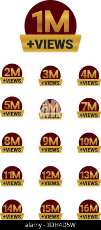 Bundle Gold Social Media View Count Milestone Badge da 1 milione a 16 milioni di visualizzazioni Plus Illustrazione Vettoriale