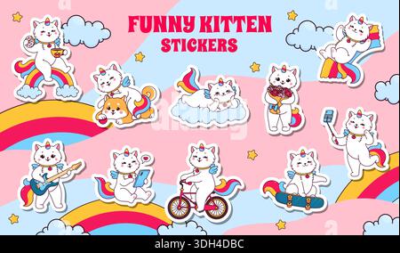Gli adesivi dei personaggi del gatto dei cartoni animati e del gattino unicorno si trovano sul cielo arcobaleno e sullo sfondo vettoriale delle nuvole. Il caticorno Kawaii suona la chitarra, pedalò e skateboard. Divertente set di adesivi per gatto unicorno Illustrazione Vettoriale
