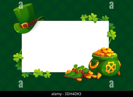 Simboli del leprecaun sul biglietto di auguri del giorno di San Patrizio. Biglietto d'auguri di San Patrizio, cornice per striscioni irlandesi con cappello e scarpe leprechaun, foglie di trifoglio shamrock e vaso d'oro Illustrazione Vettoriale