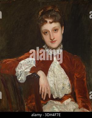 Mrs. Charles Deering (Marion Denison Whipple) di John Singer Sargent, 1888 anni, ritratto seduto a mezza lunghezza con uno sguardo coinvolgente, con giacca in velluto rosso profondo e dettagli in pizzo bianco Foto Stock
