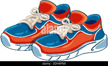 Un paio di sneaker rosse e blu vibranti con lacci bianchi su sfondo bianco Illustrazione Vettoriale