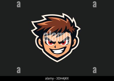 Evil Gamer Boy Mascot Logo Esports Gaming Avatar, Cool Anime Boy Mascot Logo illustrazione vettoriale. Malizioso volto del personaggio di Manga con occhi rossi e S. Illustrazione Vettoriale