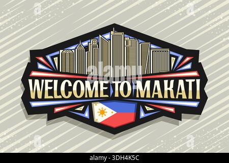 Logo vettoriale per Makati, etichetta decorativa nera con illustrazione di un paesaggio urbano illuminato di makati sullo sfondo del cielo notturno, orizzonti del design artistico Illustrazione Vettoriale