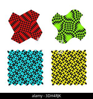 Set di griglia distorta a scacchi. Forme colorate astratte con deformazione graduale Illustrazione Vettoriale