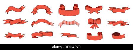 Set di bandiere retrò e striscioni a nastro. Collezione di badge vintage rossi Illustrazione Vettoriale