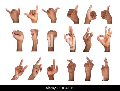 Set di mosse con shaka, thumb up, ok e pose di puntamento. Pelle nera maschile che crea simboli espressivi di approvazione, cordialità e spirito comunicativo Foto Stock