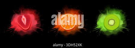 Effetto esplosivo al gusto della frutta su sfondo nero. Illustrazione vettoriale realistica di arancio o mandarino, kiwi, fette di fragola che volano in raffica di sapore, nuvola di brillamento di colore, energia naturale, design delle bevande Illustrazione Vettoriale