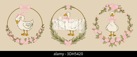 Illustrazione dell'oca Cottagecore con fiocco rosa e corone floreali. Graziosa scogliera d'anatra bianca con fiori primaverili vintage su sfondo beige. Affascinante design di un uccello da fattoria con cuori e nastri. Illustrazione Vettoriale