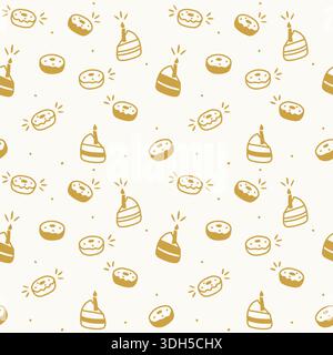 Spaghetti d'oro buon compleanno, ciambelle e fette di torta con candele, motivi festivi, sagome da dessert su morbido sfondo crema. Illustrazione vettoriale Illustrazione Vettoriale