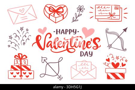 Set di elementi di design con icone Doodle di San Valentino Illustrazione Vettoriale