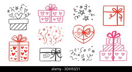 Set vettoriale icona linea doodle per coriandoli e confezione regalo Illustrazione Vettoriale