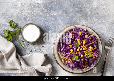 Insalata vivace con cavolo viola grattugiato, carote e mais, elegantemente disposta su un piatto di ceramica rustica. accompagnato da una ciotola di crema dres Foto Stock