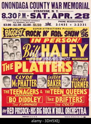 Rock 'n' Roll Show Syracuse – poster dei concerti del 1956 per Bill Haley and His Comets al Onondaga County War Memorial con: Bill Haley & His Comets, The Platters, Bo Diddley – “Biggest Rock 'n' Roll Show” Vintage Concert poster, Onondaga County War Memorial, Syracuse, New York, 28 aprile 1956 Foto Stock
