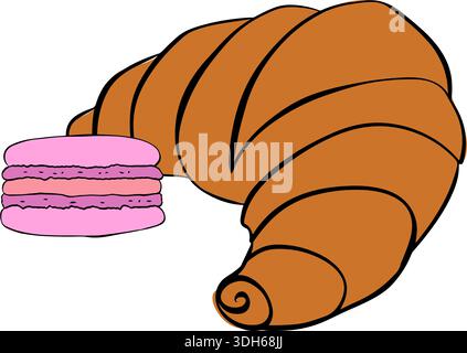 Dolci disegnati a mano. Set di croissant vettoriali di macaron per logo, icona o elemento di design. Illustrazione disegnata a mano della composizione del caffè. Vettore Illustrazione Vettoriale