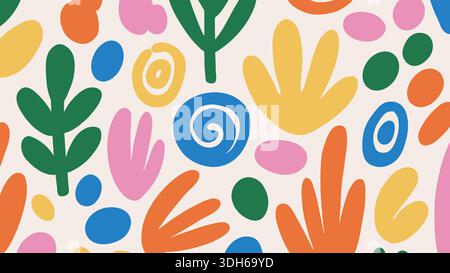 Divertente fantasia ingenua. Colorate forme organiche astratte disegnate a mano, scarabocchi, mazzette, punti. Arte minimalista alla moda Illustrazione Vettoriale