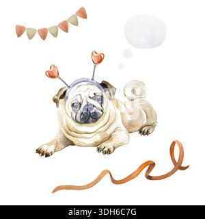 Pug che indossa un cerchietto con cuori, un nastro rosso e bandiere. Illustrazione ad acquerello disegnata a mano di un cane, isolato. Per le carte e gli inviti per Valen Foto Stock