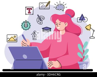 Illustrazione piatta di una grafica femminile che utilizza un tablet digitale con icone di design Illustrazione Vettoriale