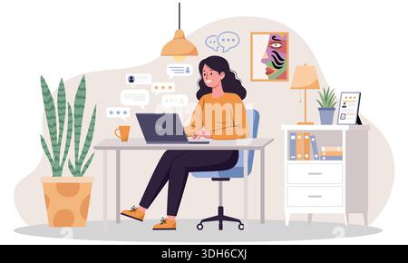 Donna freelance che lavora presso Cozy Home Office Illustrazione Vettoriale