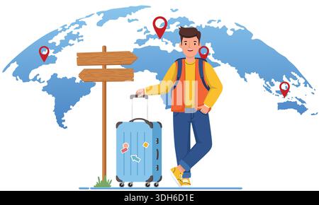 Giovane pronto a viaggiare con valigia e mappa Illustrazione Vettoriale
