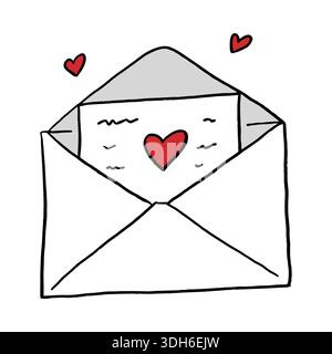 Messaggio d'amore, icona disegnata a mano. Lettera aperta Coquette con cuori per il design vettoriale di San Valentino Illustrazione Vettoriale