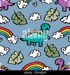 Pattern senza cuciture con dinosauri, nuvole e arcobaleno. Illustrazione vettoriale disegnata a mano. Illustrazione Vettoriale
