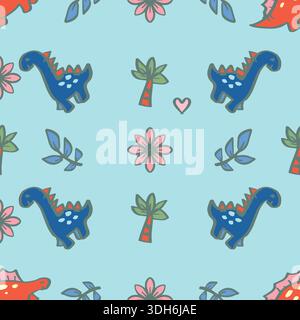Motivo senza cuciture con simpatici dinosauri e fiori. Illustrazione vettoriale. Illustrazione Vettoriale