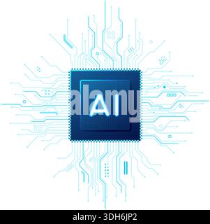 Processore futuristico con simbolo luminoso di intelligenza artificiale centrale Illustrazione Vettoriale