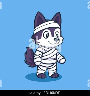 Simpatica mascotte Lupo Mummia di Halloween, personaggio di lupo mannaro di cartoni animati con illustrazione delle bende Illustrazione Vettoriale