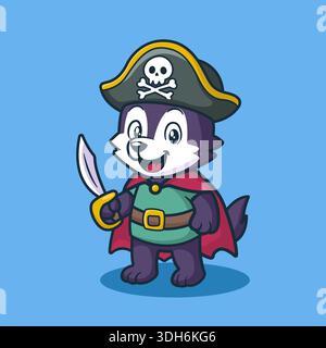 Adorabile mascotte lupo pirata di Halloween, lupo mannaro di cartoni animati con cappello di capitano e illustrazione della spada Illustrazione Vettoriale