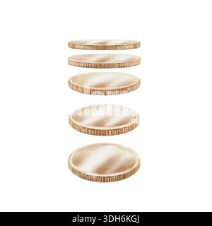 Set di monete d'oro in varie posizioni, che catturano la luce come simboli di valuta globale, criptovaluta o antico tesoro. Colore metallico lucido ad acquerello Foto Stock