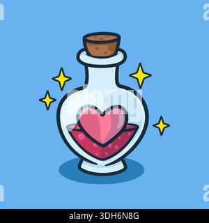 Pozione d'amore rosa in bottiglia di vetro con simbolo del cuore, magico elisir di San Valentino per Fantasy Design Illustrazione Vettoriale