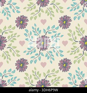 Motivo senza cuciture con fiori e cuori decorativi. Illustrazione vettoriale. Illustrazione Vettoriale