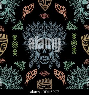 Disegno a mano senza cuciture con teschio messicano e piume indiane su sfondo nero. Illustrazione Vettoriale
