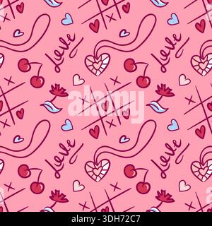 Motivo di gioco rosa con cuori e baci, motivi caramelle, copioni d'amore scritte a mano, anelli e buste, icone giocose per l'arredamento delle feste, l'avvolgimento e. Illustrazione Vettoriale