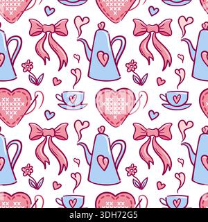 Motivo del tè con cuori e nastri, delicate tazze e teiere in porcellana, motivi floreali e tonalità pastello, atmosfera vintage accogliente per gli inviti alla doccia Illustrazione Vettoriale